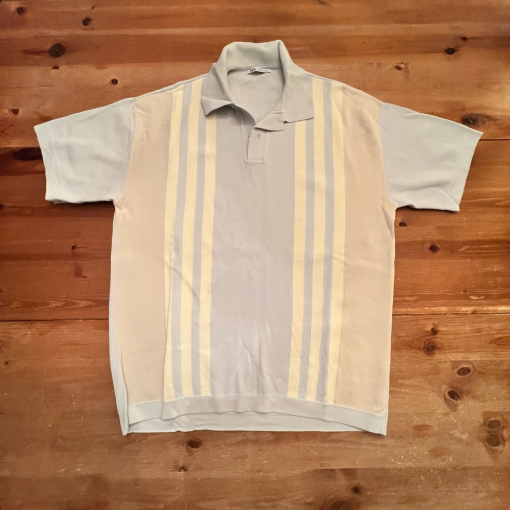 Mens Zara Striped Polo Light Blue & Cream size Medium.